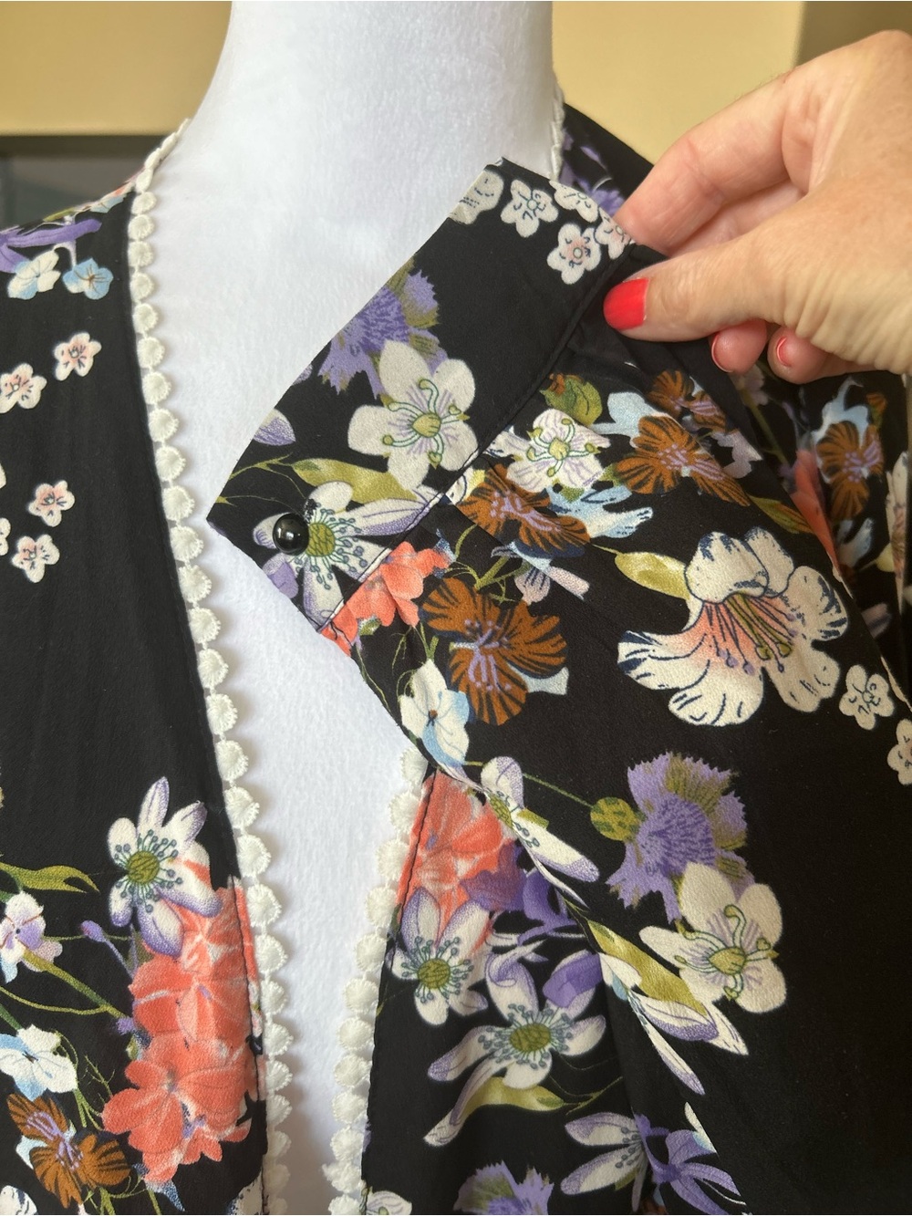 Long Black Floral Lace-Trim Open front Duster/ Kimono With Button Sleeve